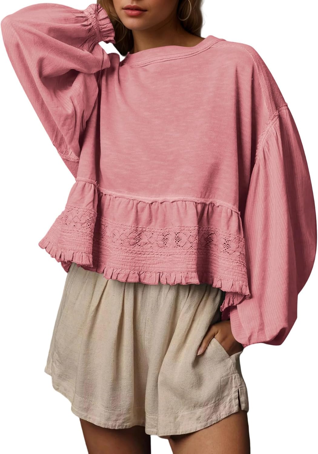 MISSACTIVER Women Oversized Crop Sweatshirts Crew Neck Long Puff Sleeve Lace Babydoll Top Casual Peplum Pullovers Tops