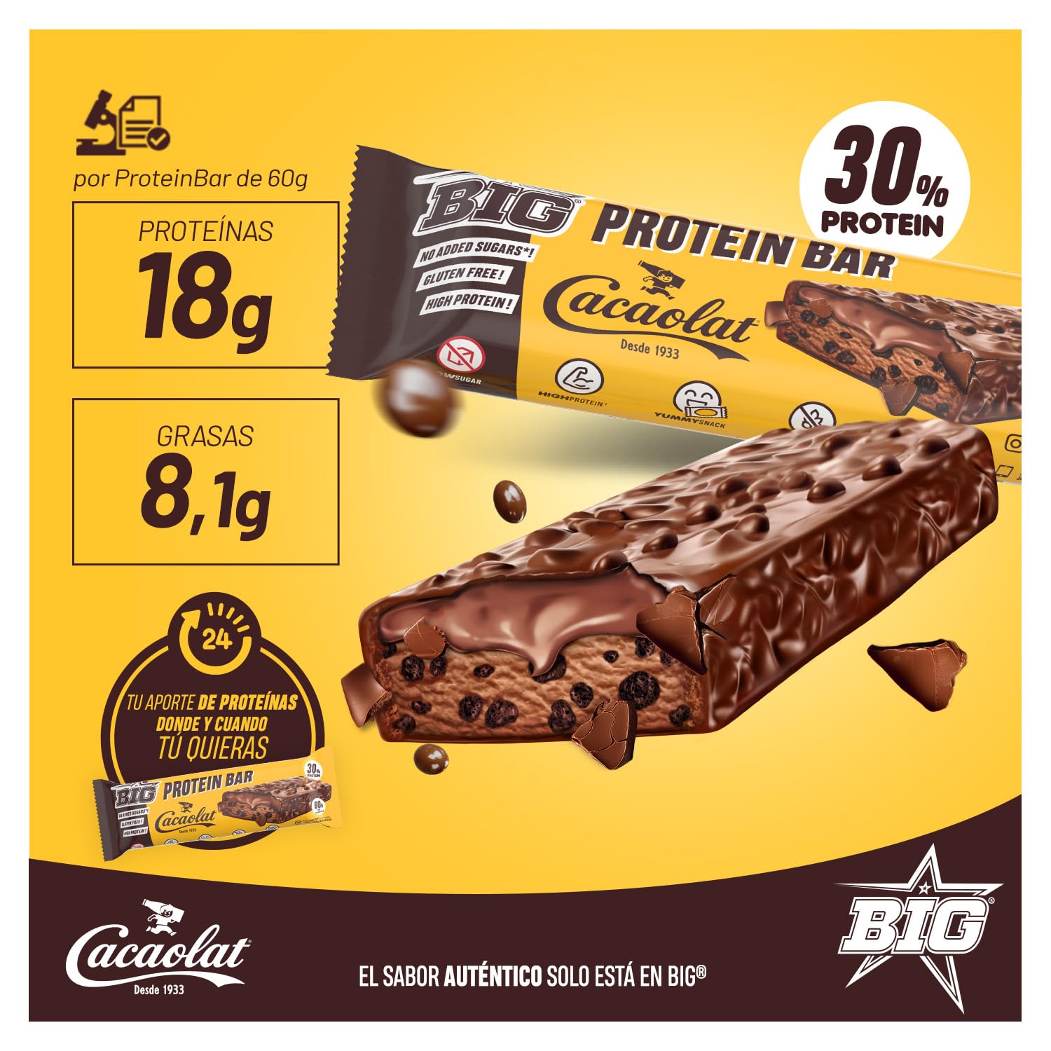 BIG - Barritas Proteina - Barritas Proteinas Sin Azucar - Snack Saludable Alto en Proteínas - + 24 gr por Barrita - Protein Bar con Sabores Exclusivos - Sin Gluten - (Caja (15 uds), Cacaolat)