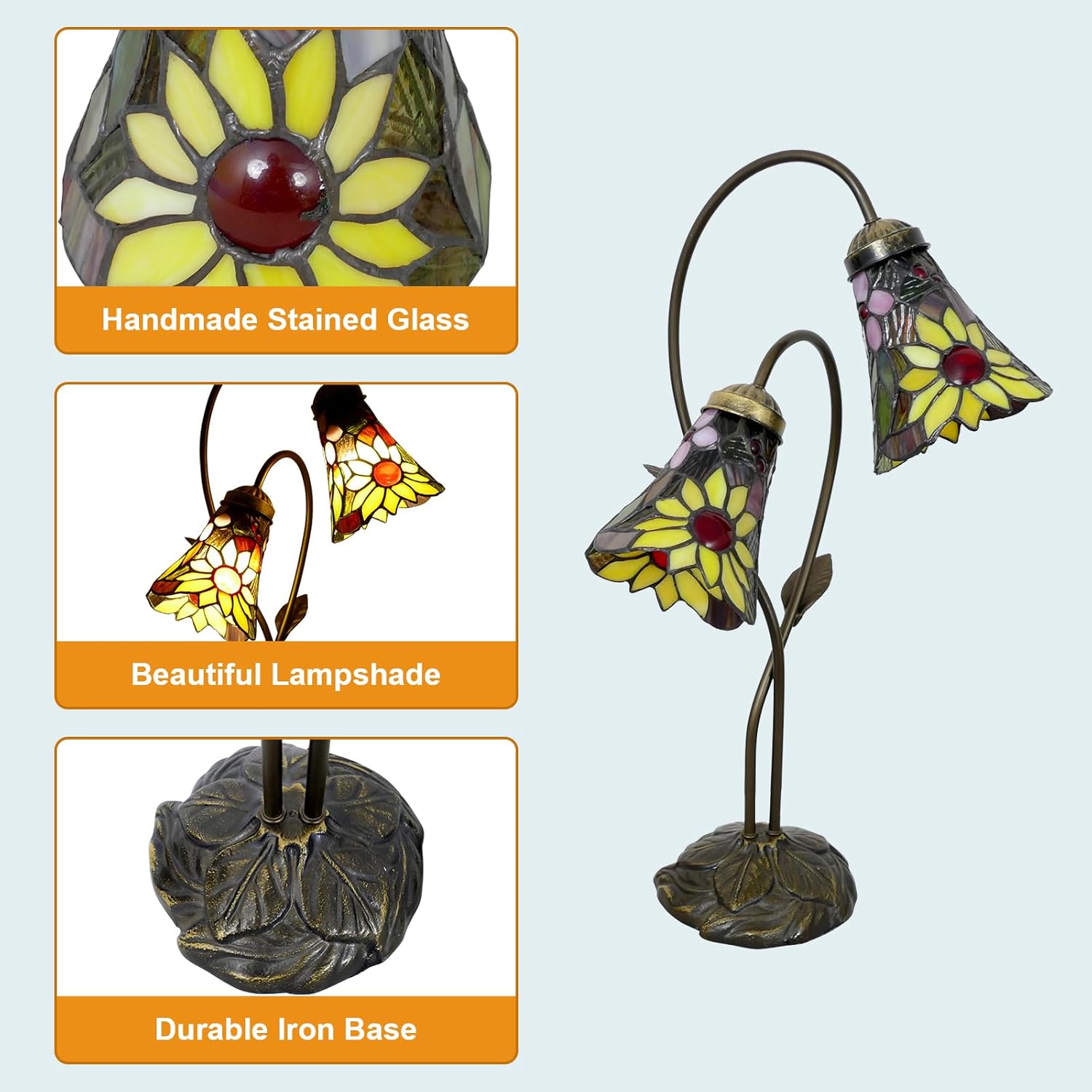 Tiffany Style Table Lamp Double Headed Desk Lamp 2-Light Tiffany Table Lamp Sunflower Stained Glass Lamps 5.5" Wide 24" Tall for Bedroom Living Room Home Office