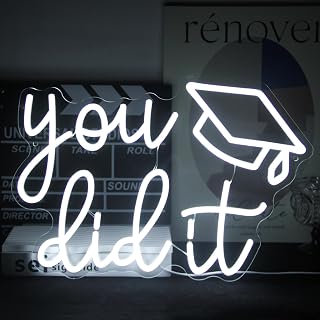 You Did It Neon Sign Congrats Grad LED Neon Light for Party Backdrop Decor | Graduation Decorations 2026, Dimmable Graduation Cap LED Sign, White Letter Neon Lights Signs, Graduation Gifts, USB Powered