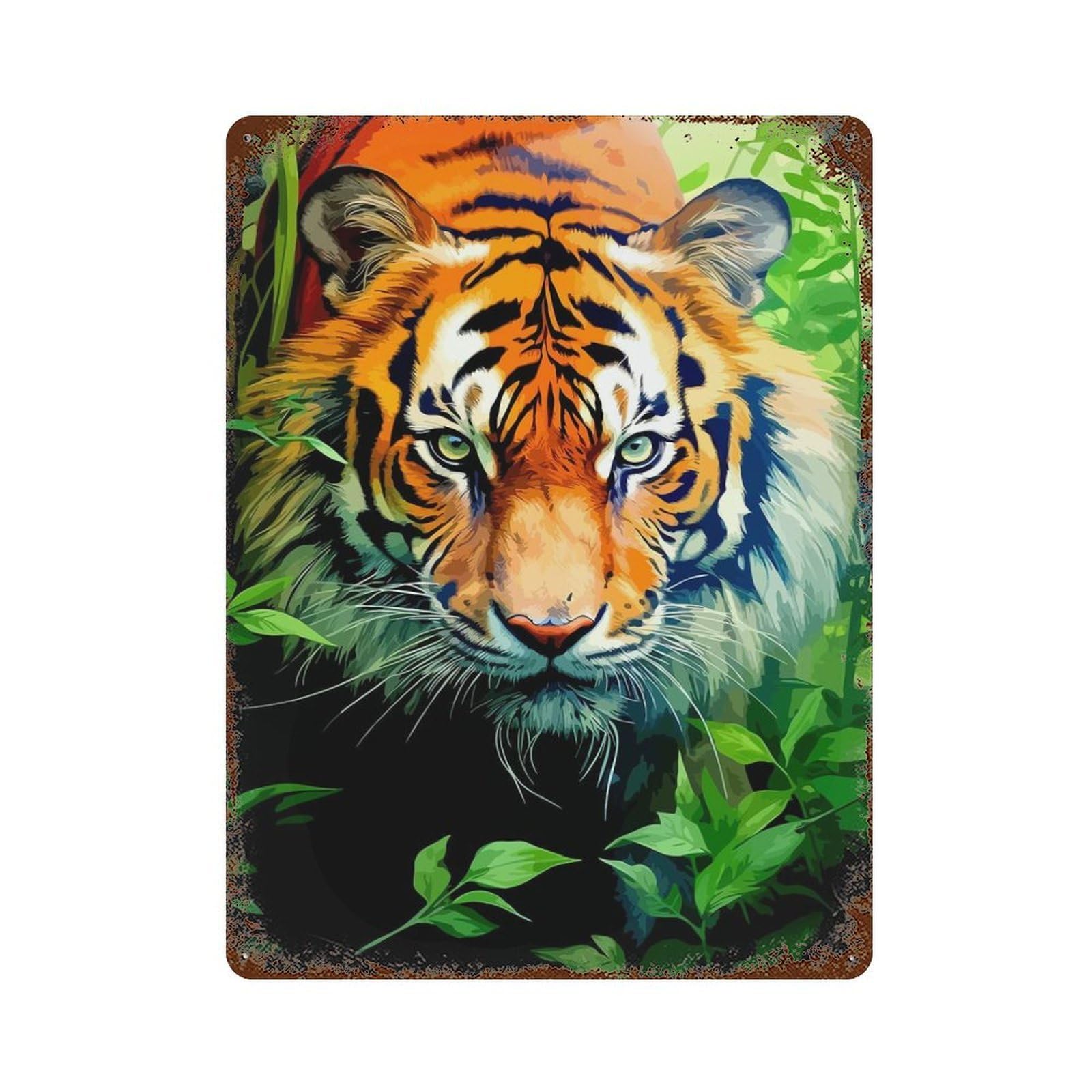Rust Effect Tiger Portrait in Jungle Foliage Weathered Tin Sign 15.7"x11.8", Shabby Chic Decor for Cafe, Home Bar And Lounge Decor