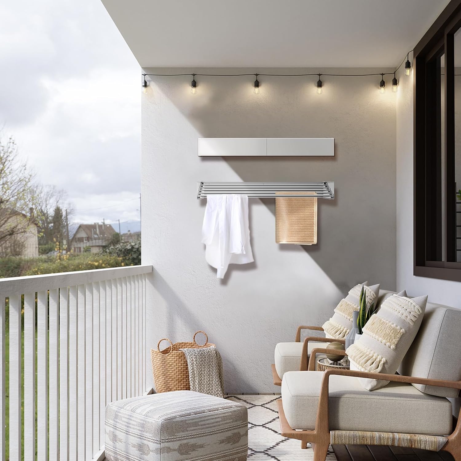 Space Saving Wall Mounted Clothes Drying Rack | Retractable Wall Hanger Towel Holder | 5 Aluminum Rods, 40lb Capacity for Laundry Bathroom with Wall Template (32 Inches)