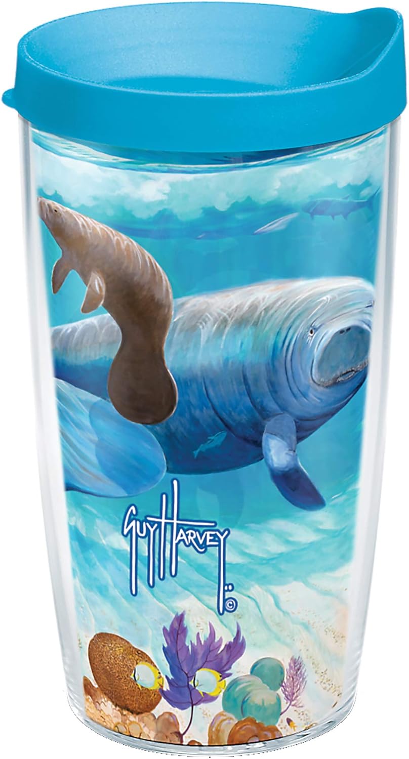 Tervis Guy Harvey Manatee Made in USA Double Walled Insulated Tumbler Travel Cup Keeps Drinks Cold & Hot, 16oz, Classic