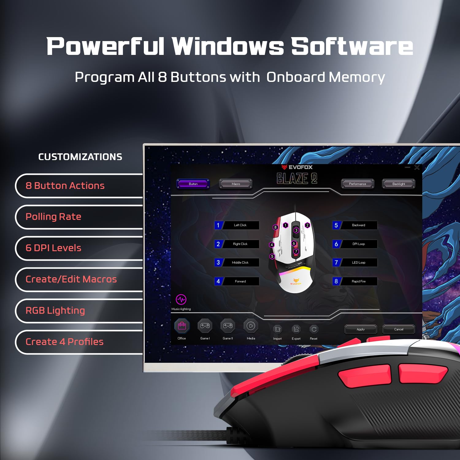 EvoFox Blaze 2 Wired Gaming Mouse | High Performance 1000Hz Polling Rate, Upto 12,800 DPI, RGB Lighting, 8 Programmable Buttons, Software Support with On-Board Memory, Durable Huano Switches — Amazon image 4