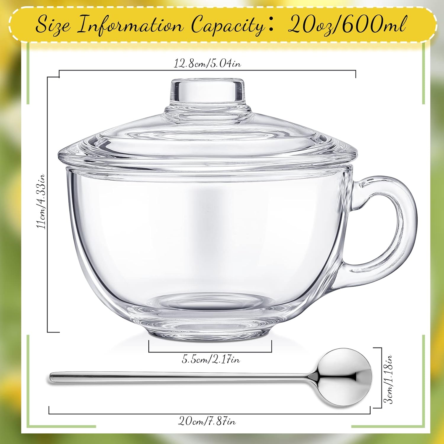 Set of 4 Glass Cereal Bowls Microwave Safe Glass Soup Bowls with Handle and Spoon Clear Oatmeal Glassware Mixing Ramen Pot Coffee Mugs with Lids Milk Breakfast Mug for Yogurt 20 Oz/ 600 ml