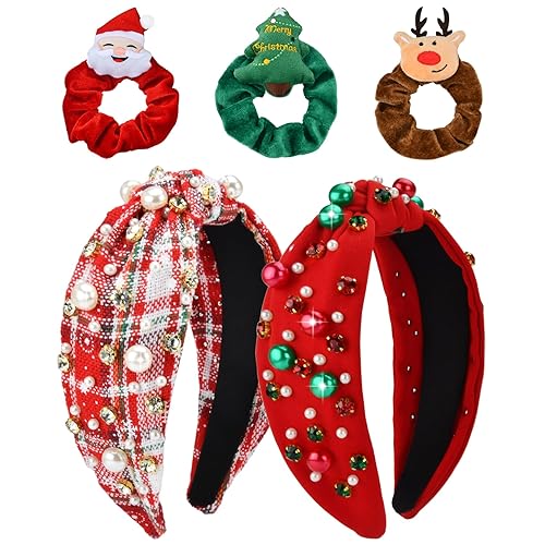 Abitoncc 5 diademas navideñas para mujer, juego de coleteros de pelo suave, perlas de cristal adornado con rojo adornado a la moda, accesorios para