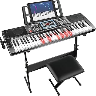 Piano de teclado de 61 teclas para principiantes con banco de soporte, modo de alimentación dual, teclas iluminadas en modo seguimiento, 70 demostraciones, 200 tonos/ritmos, metrónomo de