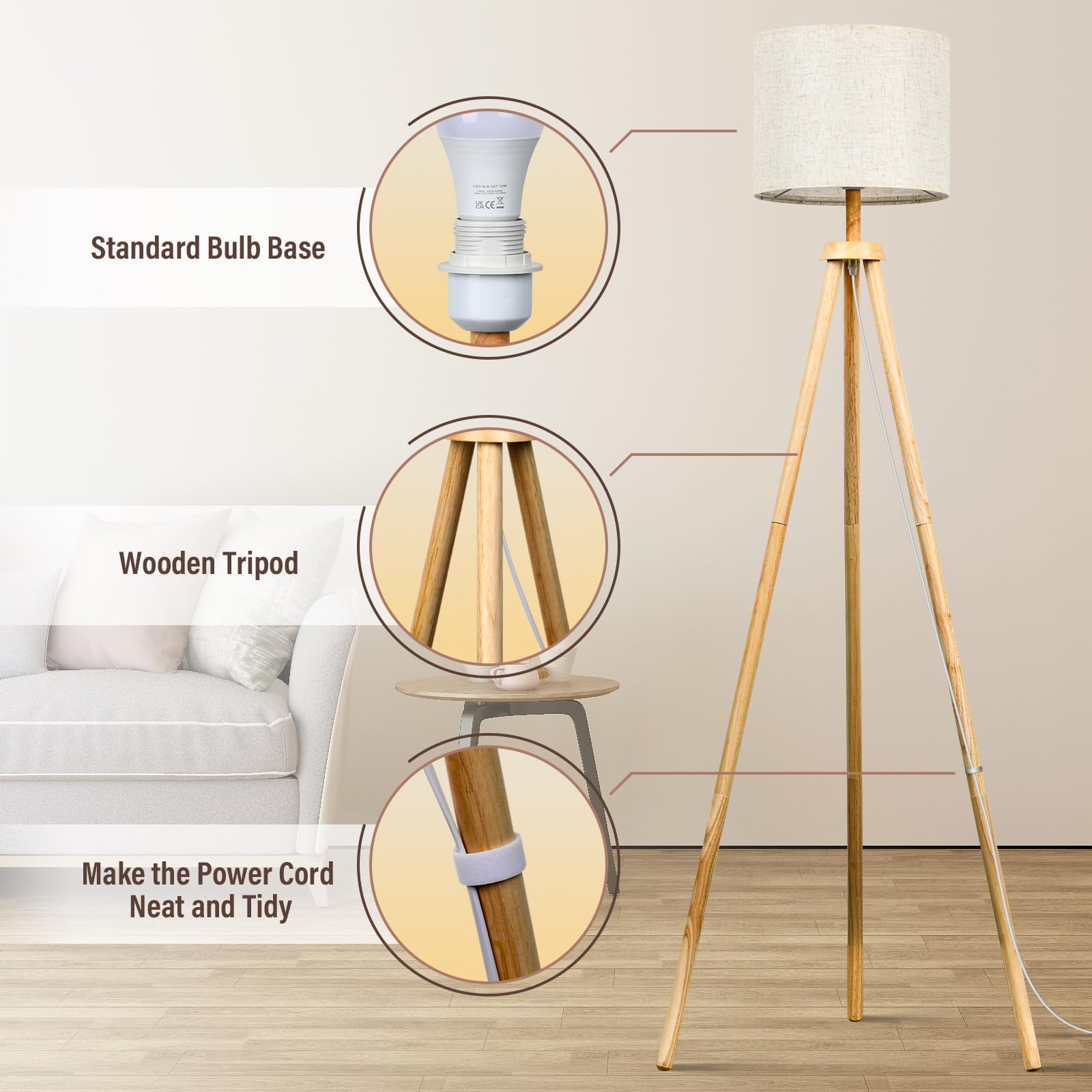 NIKYJM Lámpara de pie Trípode de Madera Regulable con Bombilla E27 12W 3 Colores 3000K-6000K Lámpara de pie con control remoto para sala de estar Oficina