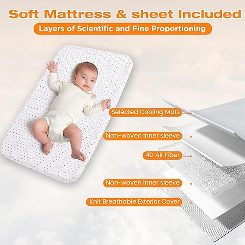 Miniatura 6 de Cuna de bebé 4 en 1, moisés de noche para bebé, moisés mecedora con cómodo colchón y ruedas, 7 alturas ajustables fácil plegable portátil para