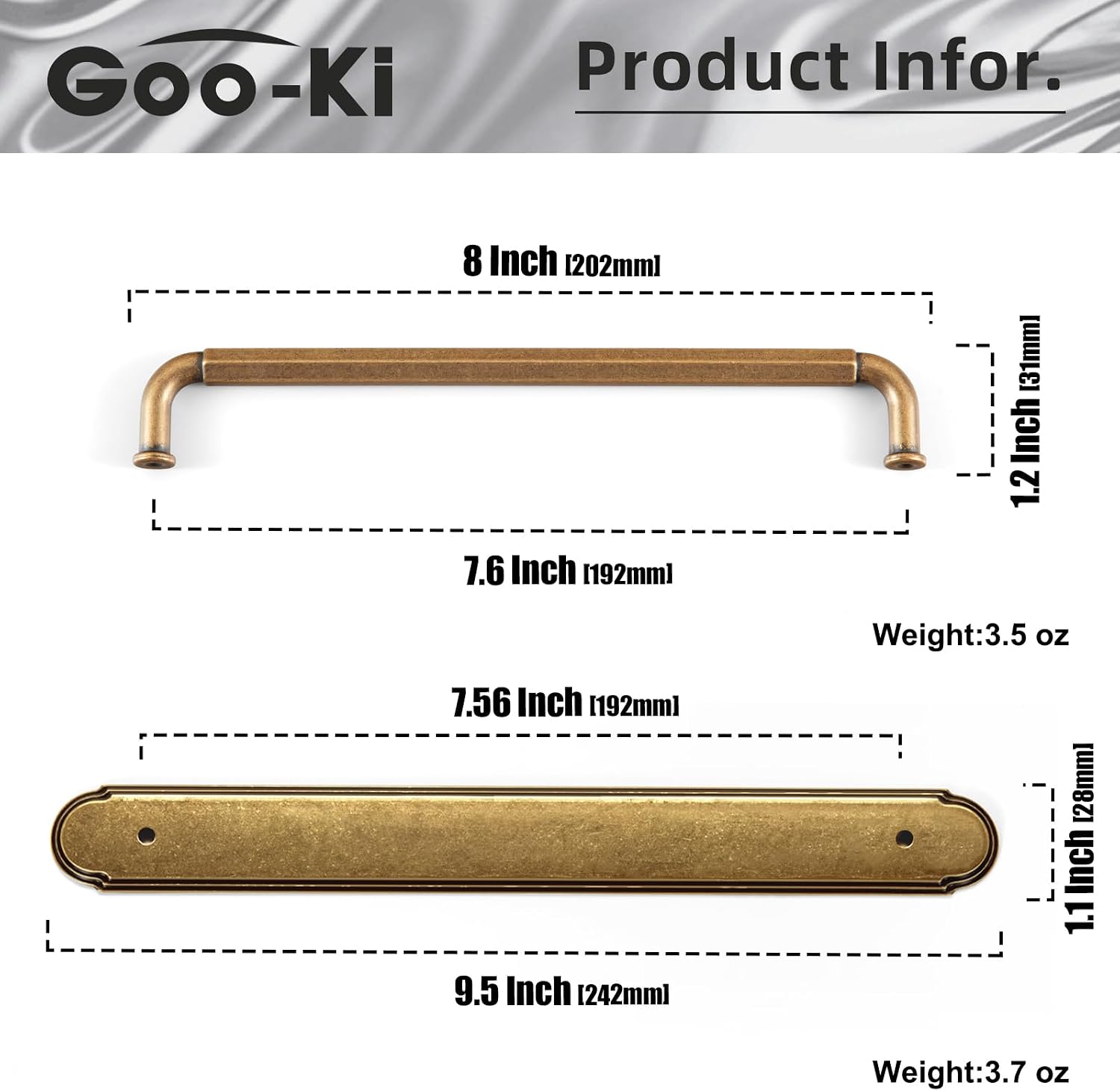 Goo-Ki 2 Pack Cabinet Pulls with Backplate/Spacer Antique Brass Drawer Handles, 7-1/2 Inch Hole Center Vintage Retro Zinc Alloy Kitchen Hardware