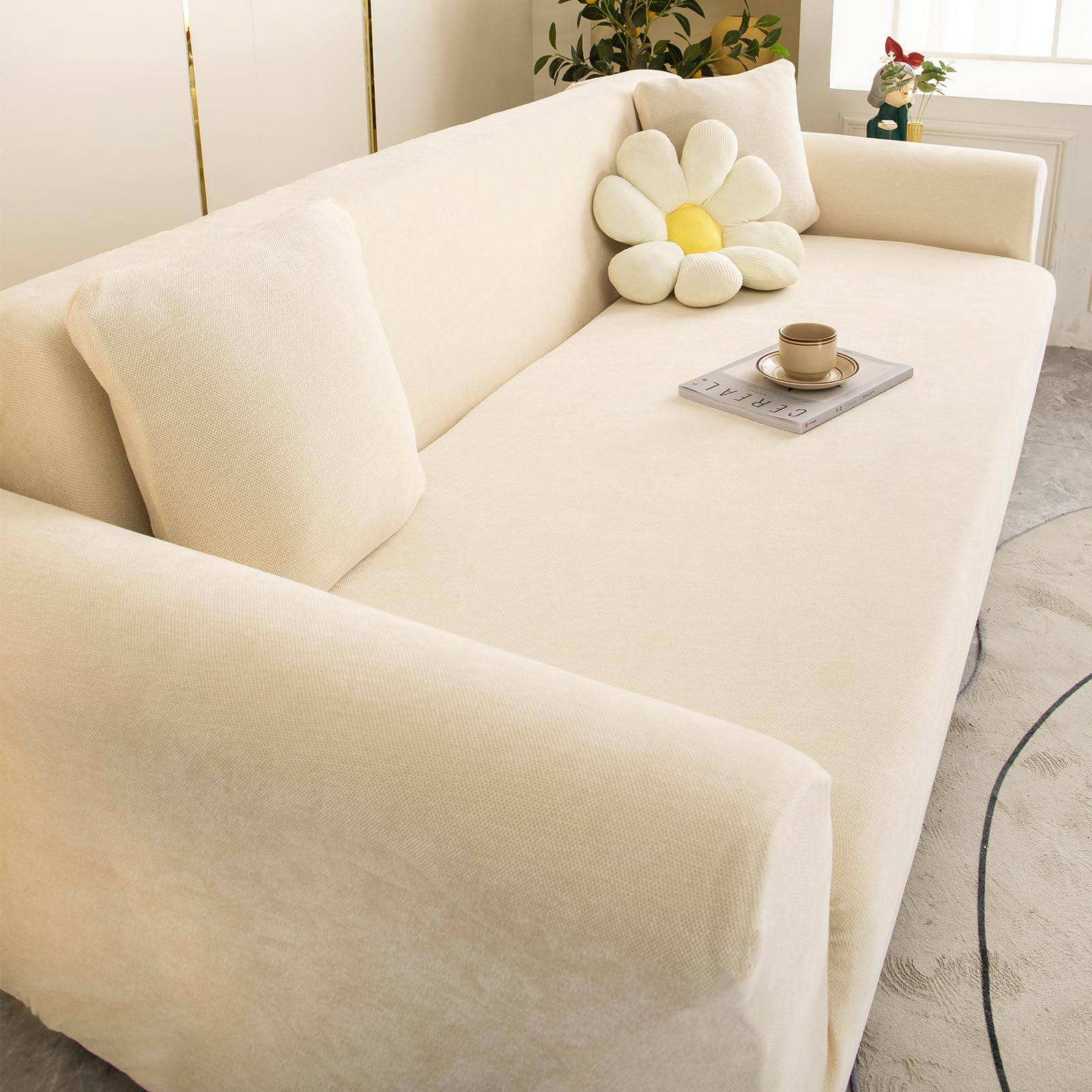 High Stretch Sofabezug Moderne einfach luxuriös Couch überzug Polyester Jacquard Elastische Sofahusse für Wohnzimmer Protector für Hunde Haustiere (2 Sitzer, Leinenweiß)