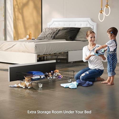 Miniatura 5 de BONSOIR Marco de cama tapizado de perfil bajo con cabecera capitoné y clavos 4 cajones extraíbles piel sintética blanca tamaño King