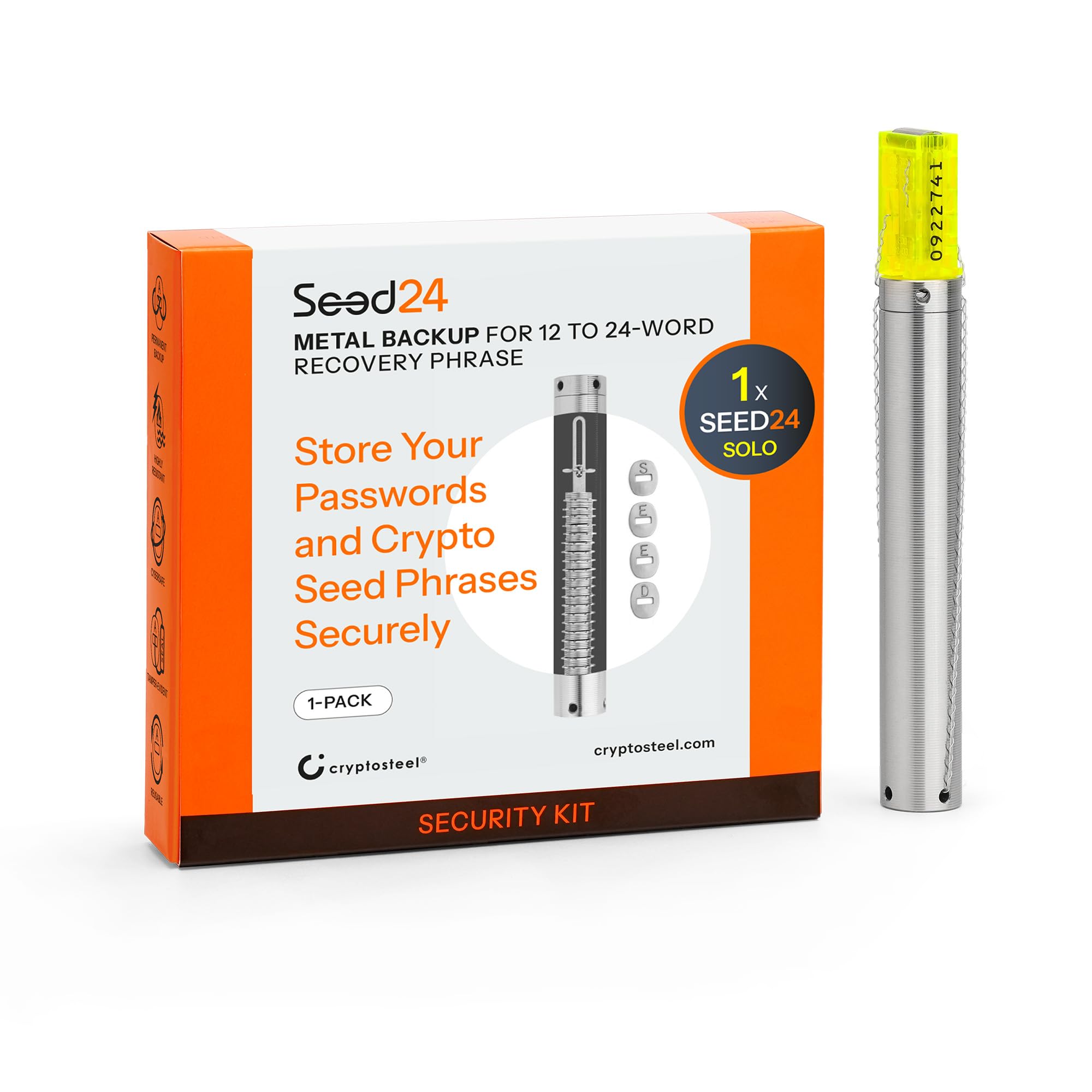 Cryptosteel Seed24 Solo - Seed phrase storage - Sauvegarde de phrase de récupération crypto - 24 mots et clés privées - Compatible portefeuilles BIP39
