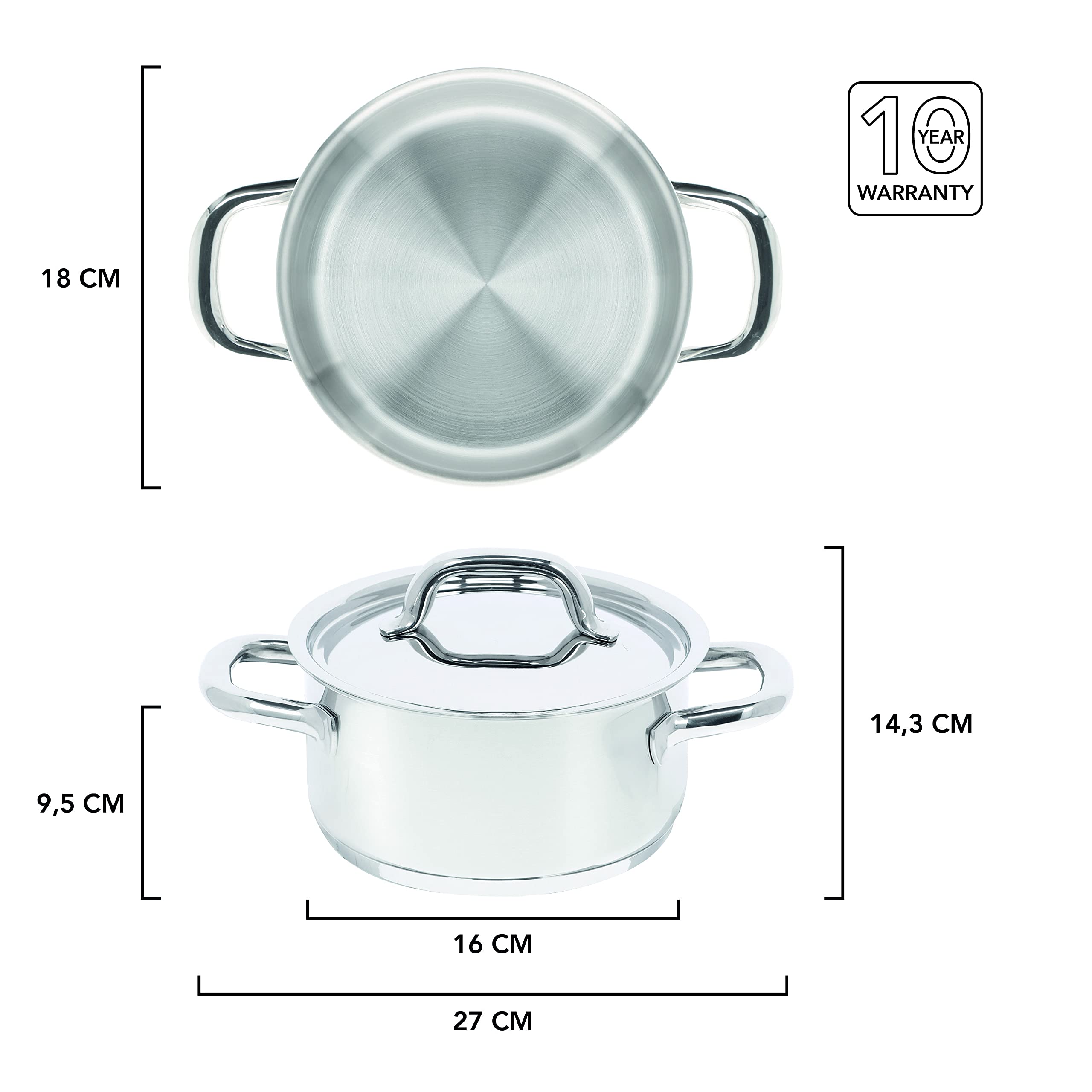 Demeyere Alu Classico 3 Kochtopf fuer Induktion und anderen Herdarten, Topf mit Deckel aus pflegeleichtem Edelstahl mit 3-lagigem boden mit Alumiumkern, 10 Jahre Qualitaets-Garantie, 18 cm gross