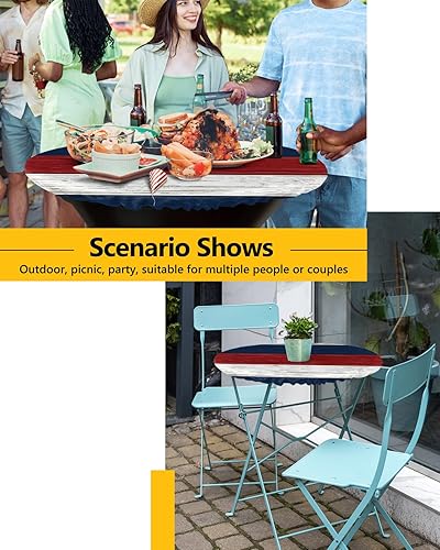 Miniatura 6 de Navy Blue Red White Round Fitted Tablecloth with Elastic Edge, Outdoor Table Cloth Waterproof, Farmhouse Wooden Striped Patio Table Covers for