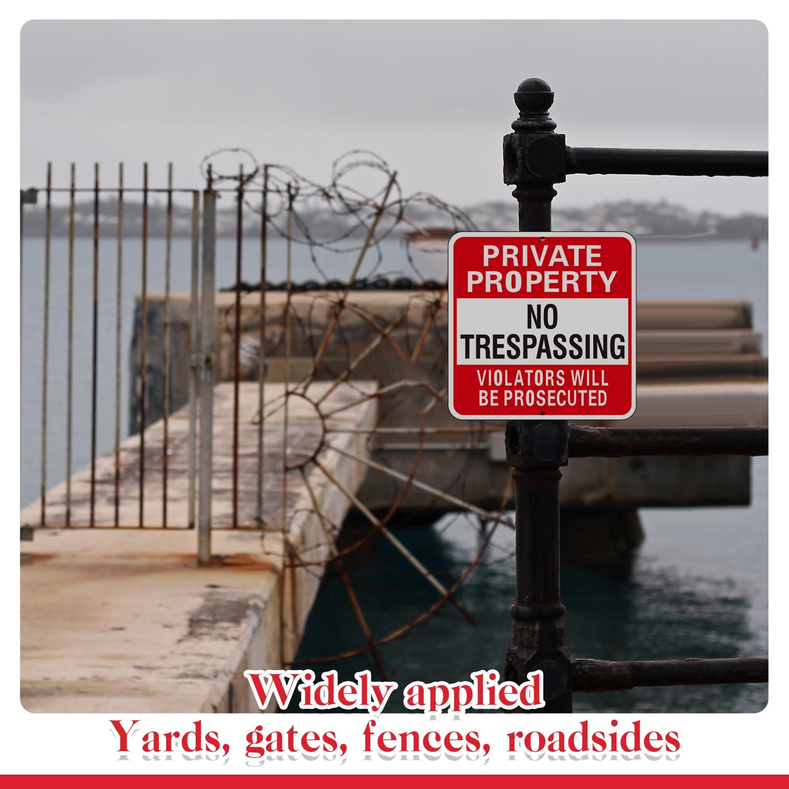 Amylove Paquete de 8 letreros grandes de propiedad privada con texto en inglés "No Trespassing Violators Will Be Prosecuted", letreros de advertencia de metal de aluminio para propiedad, resistentes a