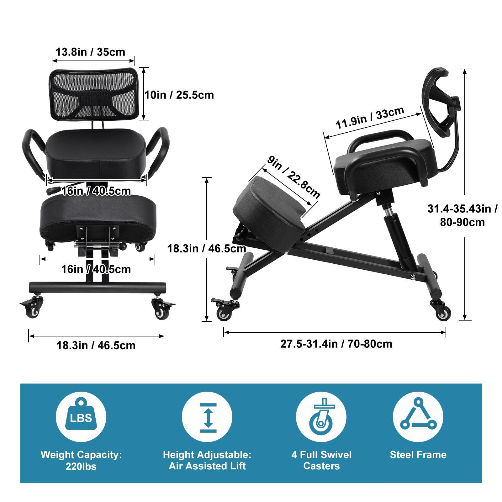 Genérico Silla ergonómica de Rodillas con Respaldo, Taburete Ajustable | para el hogar y la Oficina con Asiento Inclinado para una Mejor Postura, Cojines Gruesos y cómodos