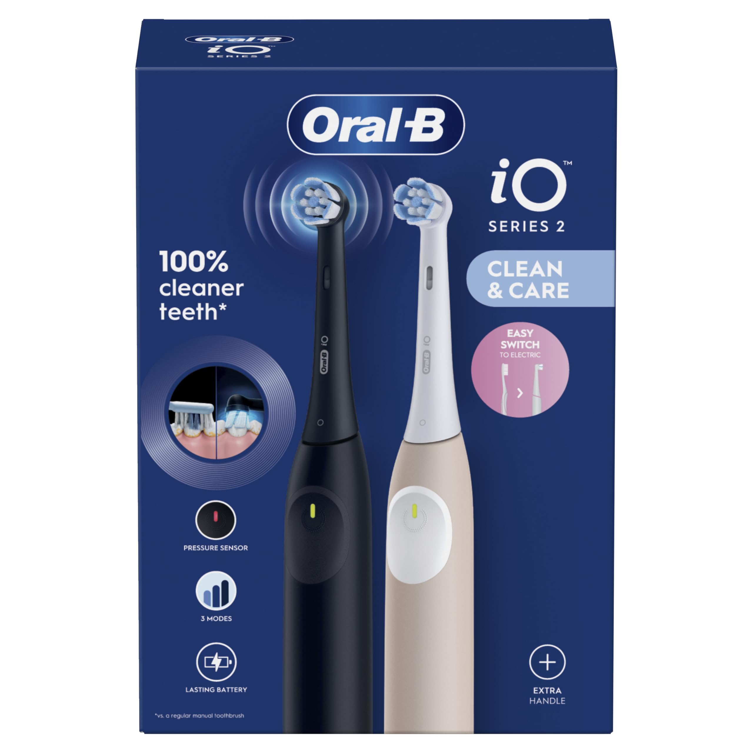 Oral-B iO 2 Pack de 2 Cepillos de Dientes Eléctricos Negro Noche y Rosa Suave, 2 Cabezales, 3 Modos De Cepillado, Sensor De Presión y Temporizador, Diseñados por Braun