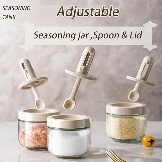 Dxcaicc 4pcs Telescopic Seasoning Jars,Spice Storage Glass Jar,Clear Containers with Lids,Multipurpose Seasoning Boxs with Telescopic Spoon,Kitchen Spice jar for Salt,Pepperr,Sugar,White
