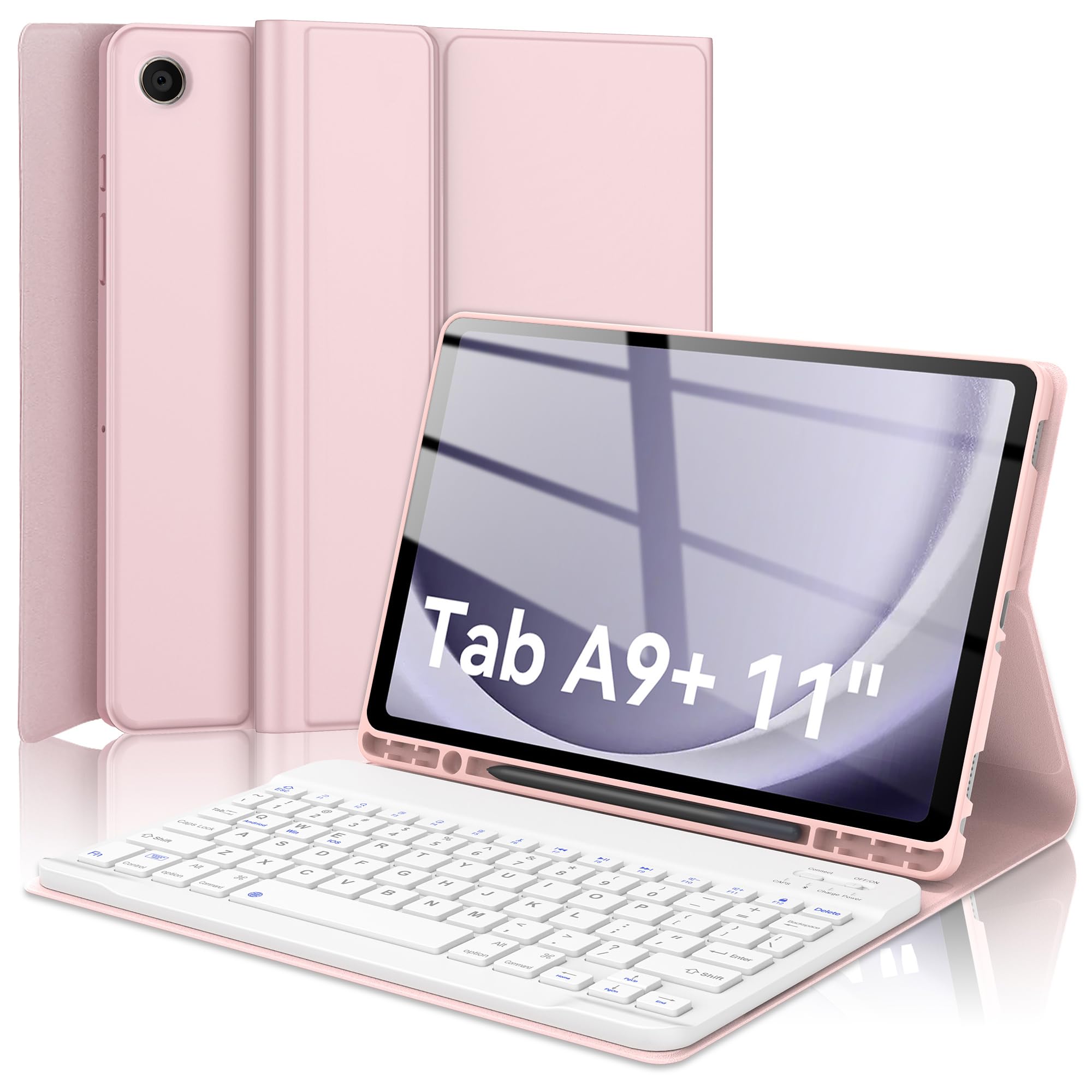 Keyboard Case for Samsung Galaxy Tab A9 Plus/A9+ 5G 11 Inch 2023 Model (SM-X210/X216/X218), Slim Lightweight Stand Cover with Magnetically Detachable Wireless Bluetooth Keyboard, S Pen Holder, Pink