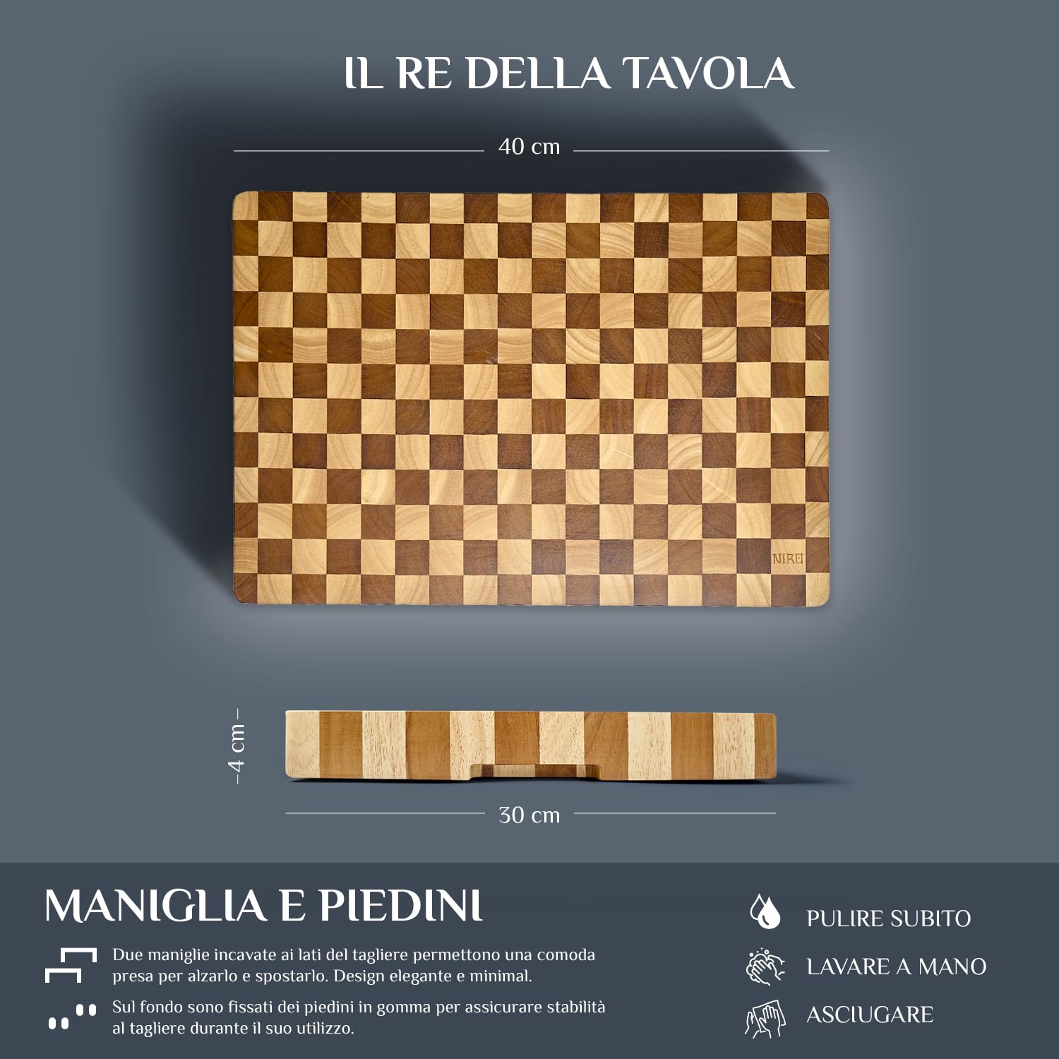 NIRO Tagliere da Cucina Professionale XXL, SPESSORE 4 CM in Legno 100% Pará Naturale Rubberwood, Dimensioni 40 x 30 x 4 cm, Atossico, Legno Massello Pregiato, Vassoio da Portata, Design Unico