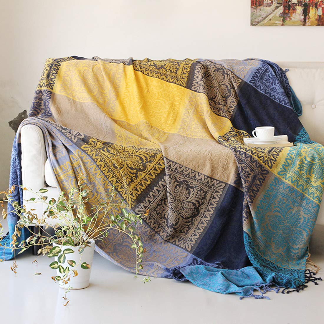 Homiest Bohemian Chenille Throw Blanket with Fringes 60 x 75 for Bed Couch Decorative Soft Chair Cover (Yellow)