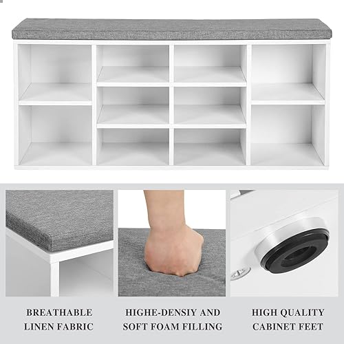 Miniatura 7 de Banco de almacenamiento de zapatos con 10 cubos ajustables, banco de entrada con estantes de 3 niveles para pasillo, sala de estar, dormitorio,