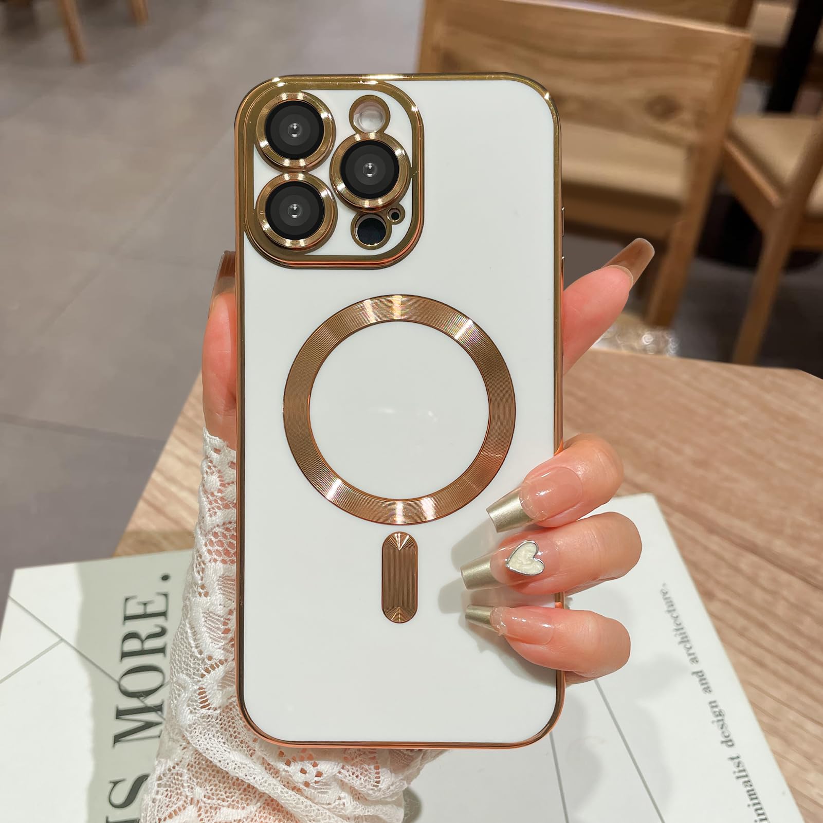 OOK Magnatic Case for iPhone 16 Pro Case [Compatible with MagSafe] Full Camera Lens Protector Gold Electroplate Edge Soft TPU Shockproof Protective