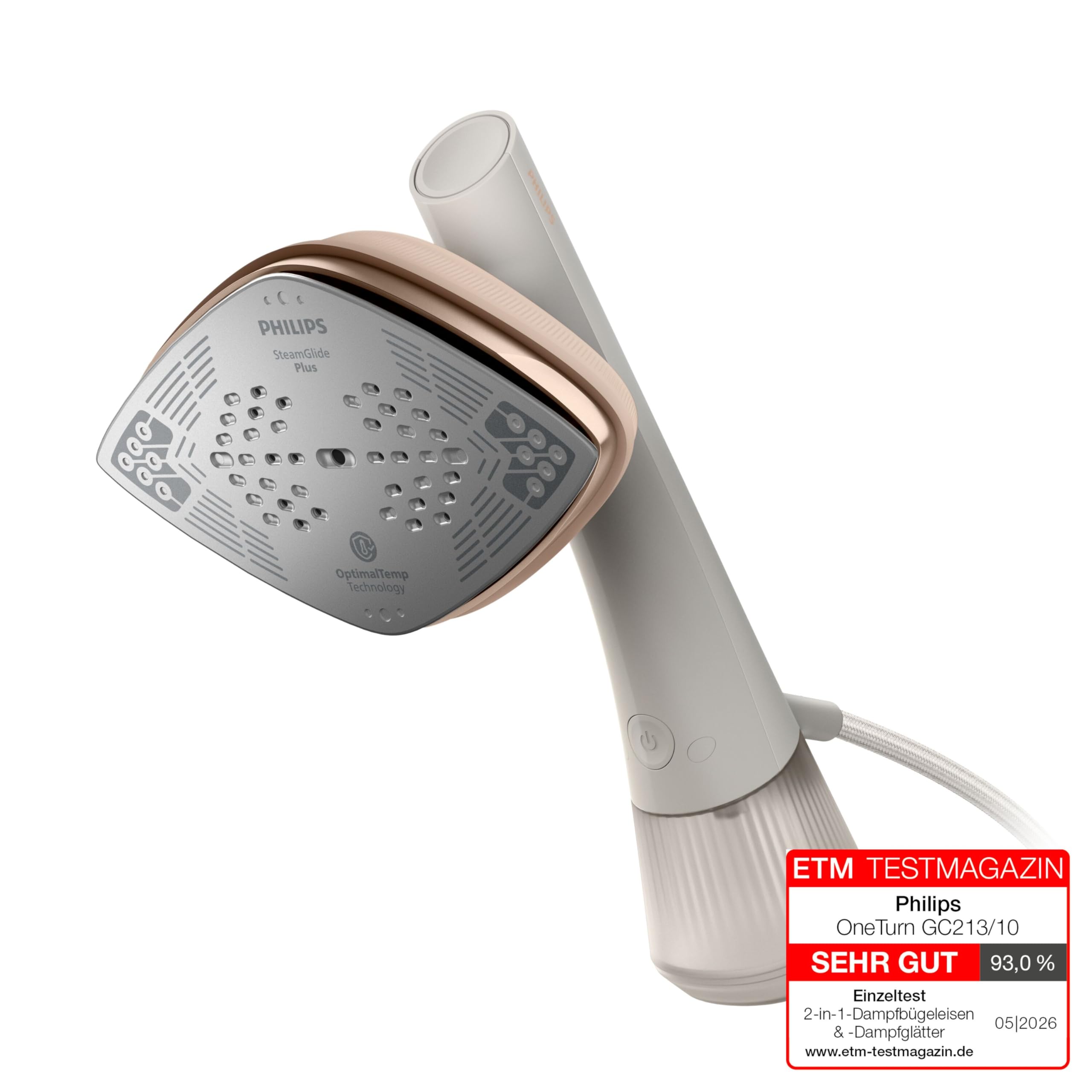 Philips OneTurn, 2-in-1 Bügeleisen & Steamer mit drehbarem Kopf, Einfach losbügeln – kein Brett, 45 g/min Dauerdampf, Energieeffizient 1800 W, Weiß (GC213/10)