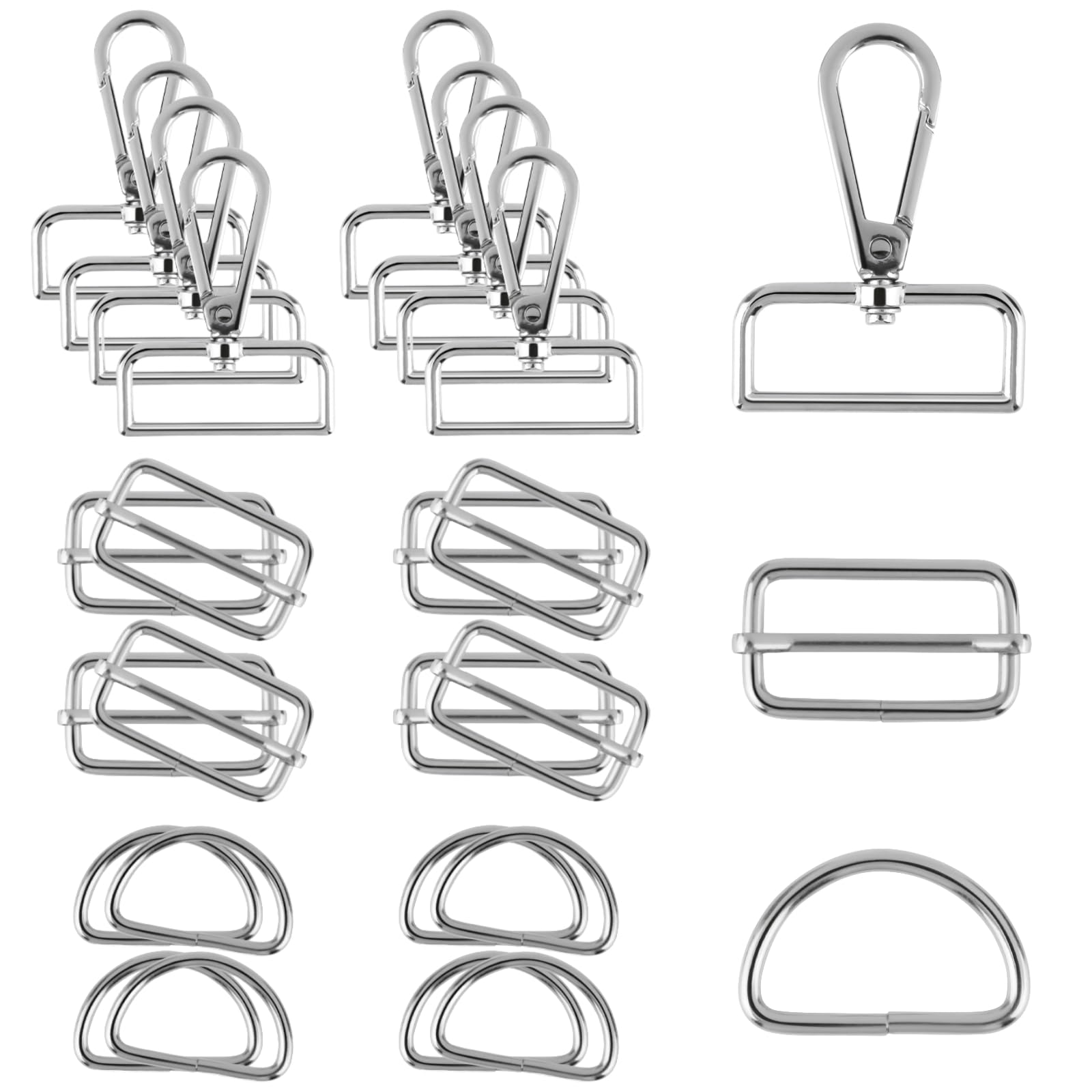 RVLZKCPG Pack of 30 Bag Accessories for Sewing Set, 37 mm Carabiner Hook with Swivel, Metal D Ring, Rectangular Sliding Buckle for Crafts, Bags, Clothes, Belts
