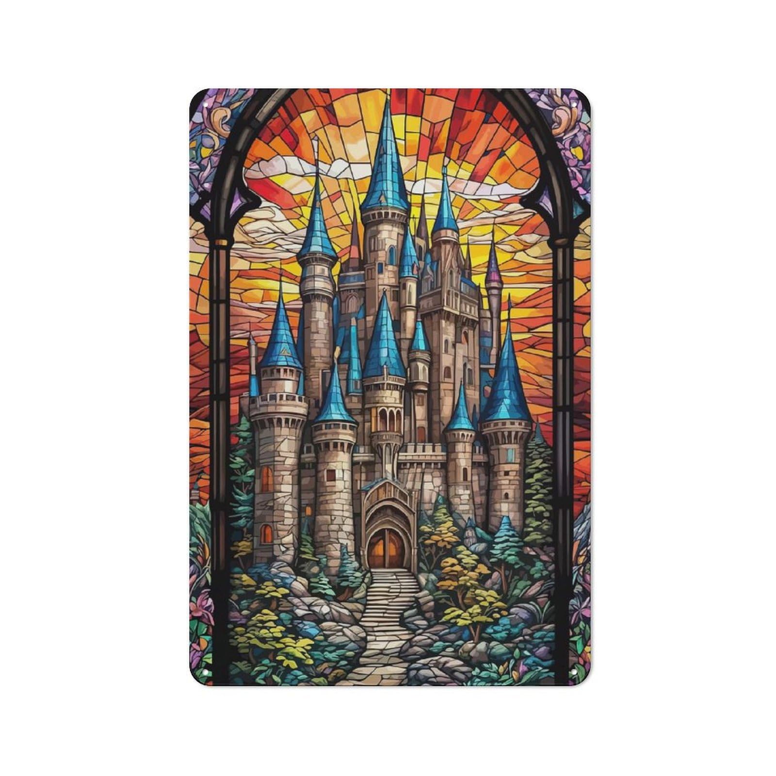 Junmoney Stained Glass Castle Decorative Tin Sign With Design 30X20cm, Classic Old Style Wall Plaque For Living Room, Hallway, Kitchen Or Cafe