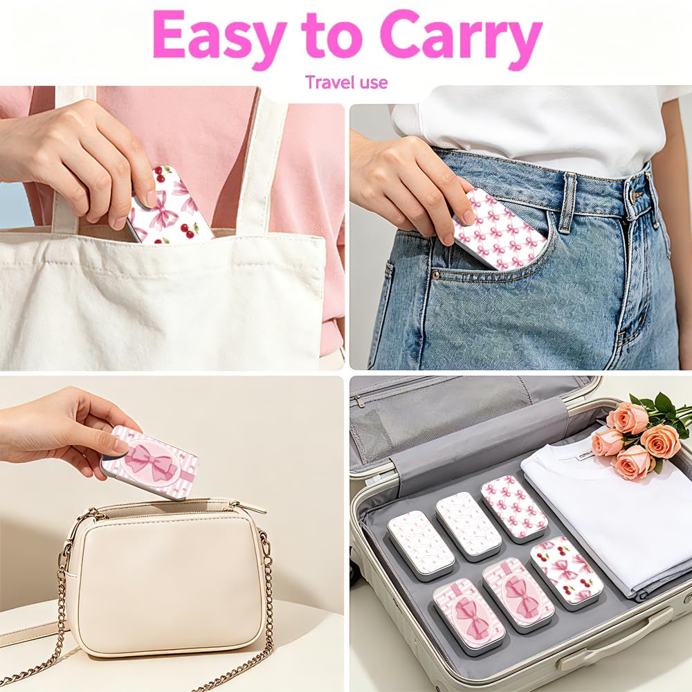 Paquete de 4 fundas portátiles de hilo dental con patrón de lazo, caja de lata pequeña para trabajo, campamento