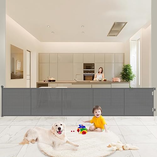 Miniatura 9 de Puertas retráctiles mejoradas para bebé, 35 pulgadas de alto que se extienden hasta 60 pulgadas de ancho, puerta de malla para perros interior para