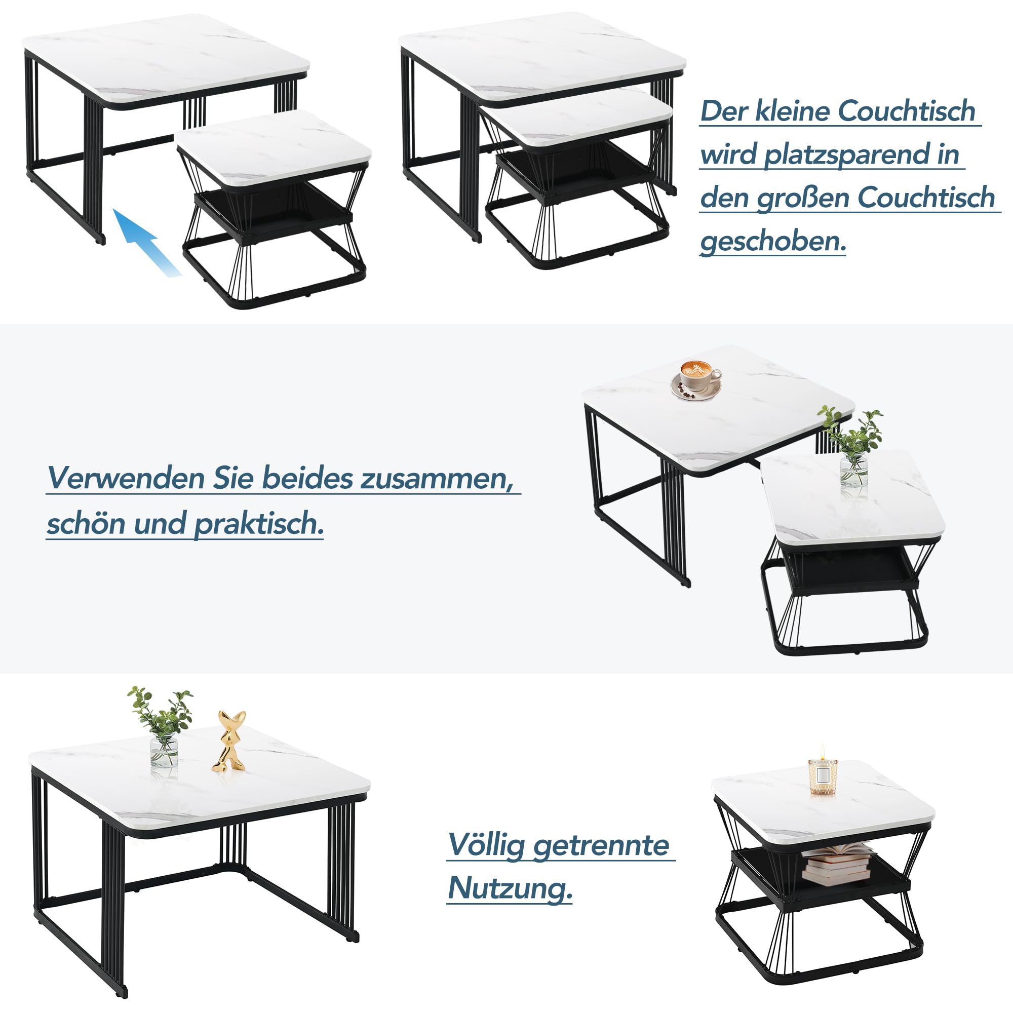 Merax Quadratisch Couchtisch 2er Set, Moderne Wohnzimmertisch mit Marmoroptik, Hochglänzend Satztisch mit Stauraum, für Wohnzimmer, Balkon und Büro, Metallgestell, Weiß und Schwarz
