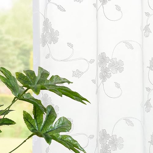 Miniatura 5 de Lazzzy Cortinas blancas para puerta francesa, con bolsillo para barra, con bordado floral, cortinas semitransparentes para dormitorio, sala de
