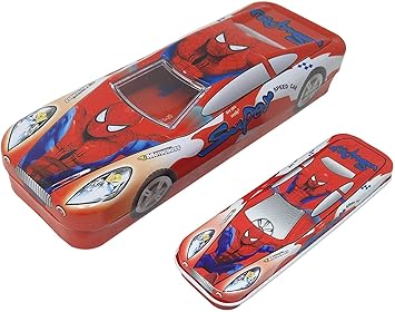 SPOCCO | Multicolour Cartoon Printed Car Shape Metal Pencil Box with Small Car for Boy and Girl (Color and Print May Vary) PC-81