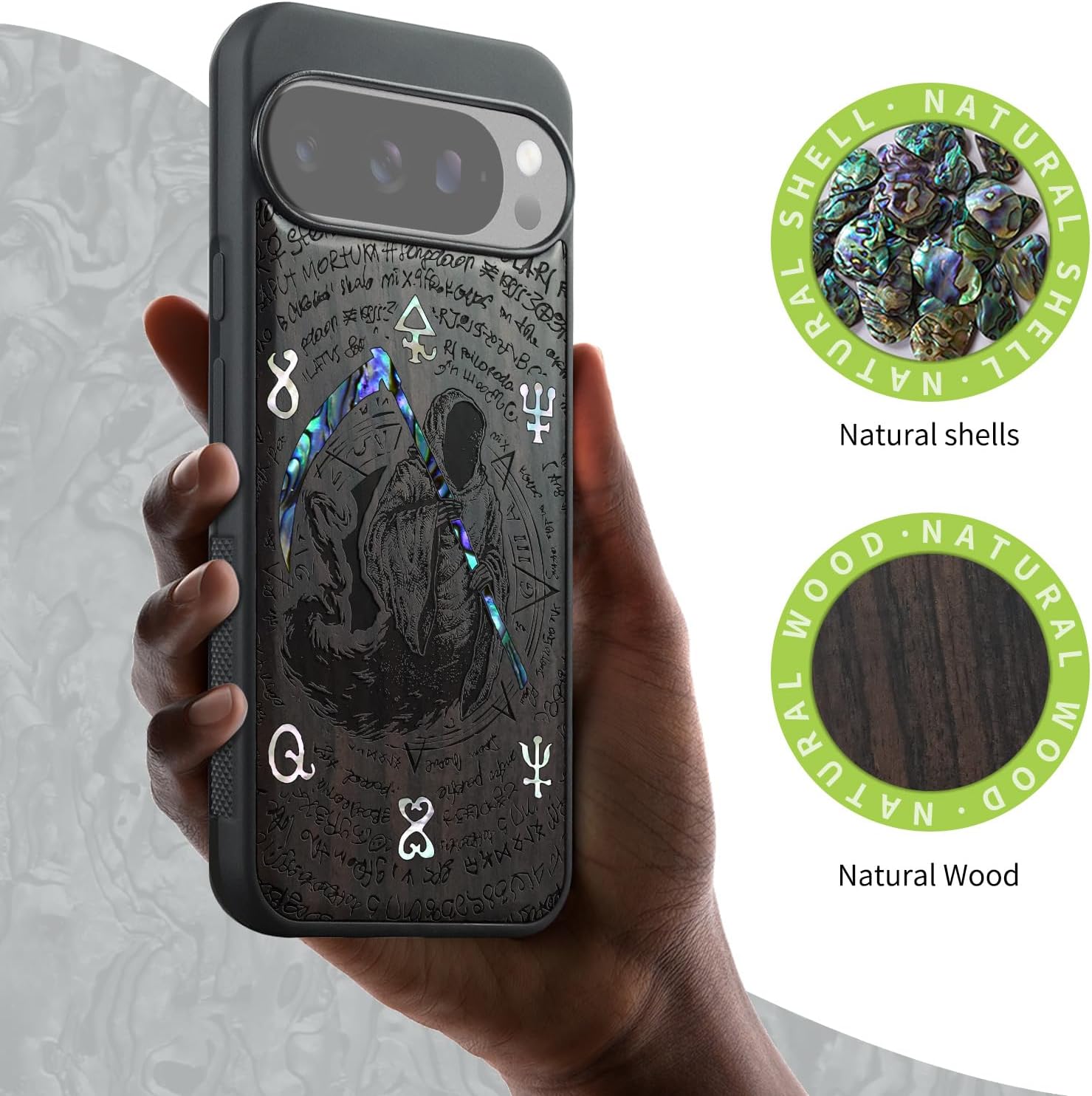 Carveit Magnetic Wooden Case for Google Pixel 10 Pro XL Case, Wood Artisan Engraved & Handmade Shell Inlaid, Compatible with MagSafe Wireless Chargers, The Grim Reaper of Carved - Blackwood