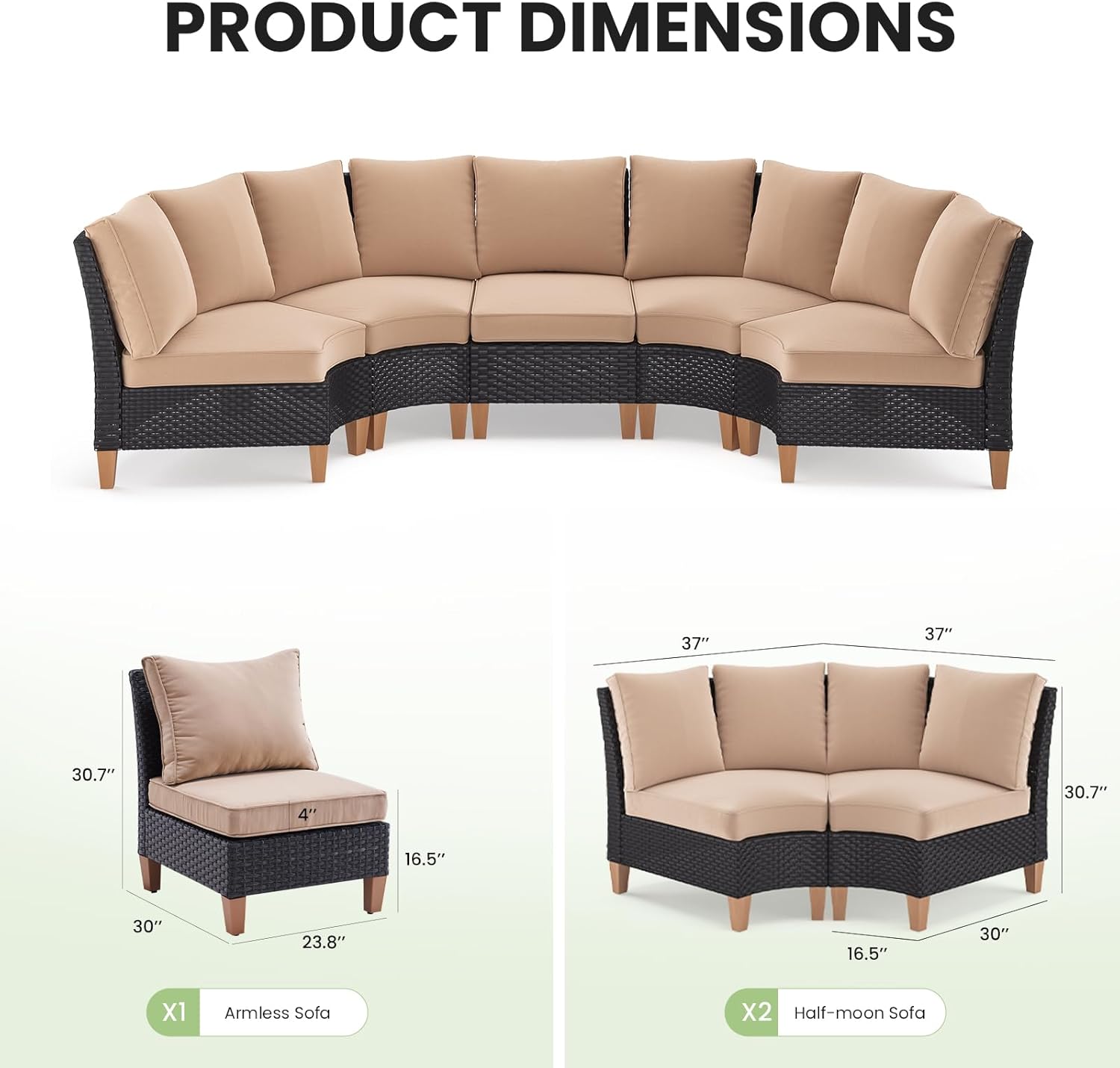 Soohow Half-Moon Patio Conversation Set, 5 Piece Outdoor Sectional Furniture Set with Cushions, Wicker Patio Conversation Set Outdoor Sectional Sofa, All-Weather for Garden, Backyard and Poolside