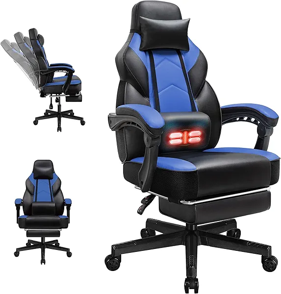 DL-win Gaming Chairs for Adults, Computer Chair with Footrest and Ergonomic High Back, Big and Tall Gamer Chairs with Massage Lumbar Support, 360° Swivel Height Adjustable Gaming Chair, Blue