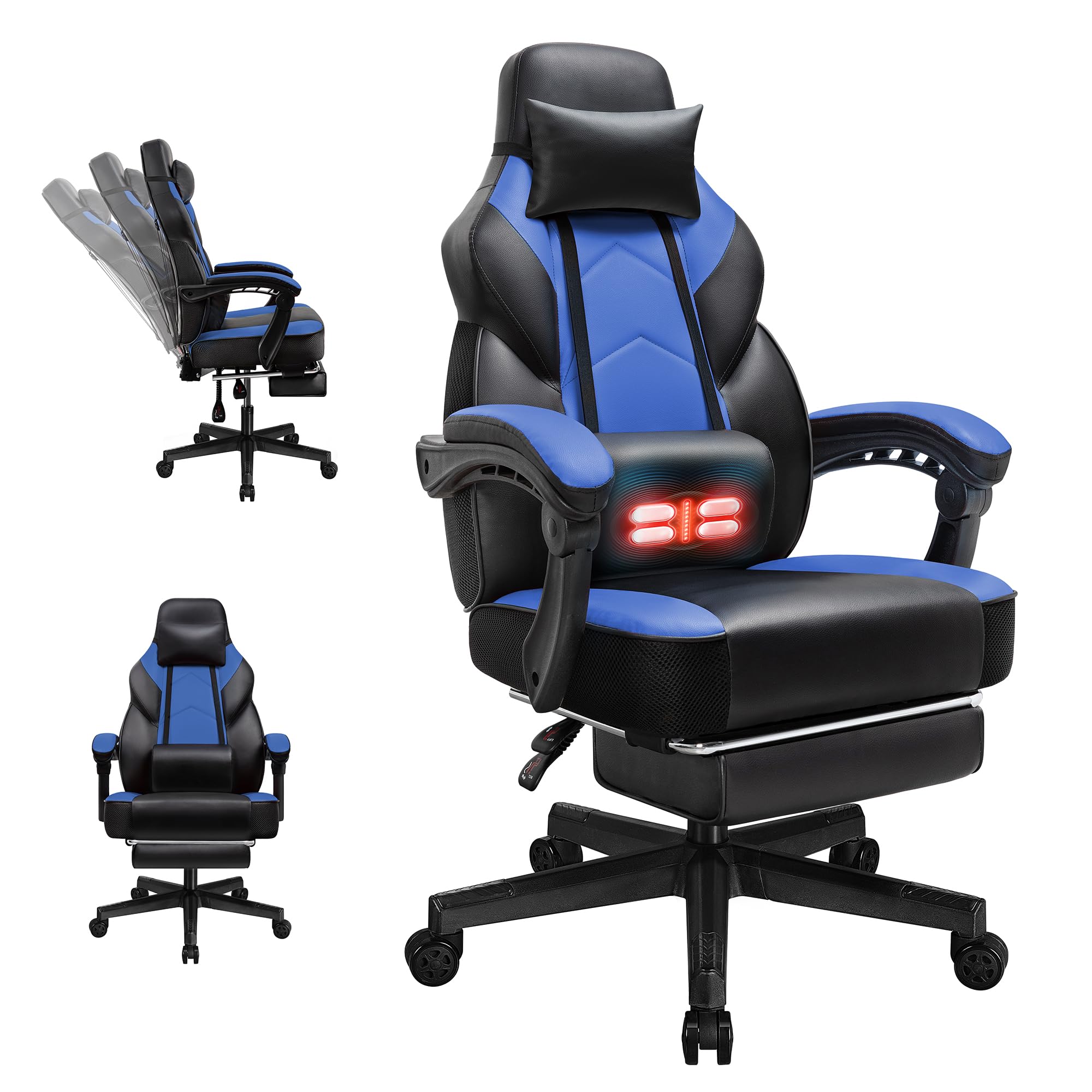 gaming chairs for adults computer chair with footrest and ergonomic high back big and tall gamer chairs with massage lumbar support 360 swivel height adjustable gaming chair blue
