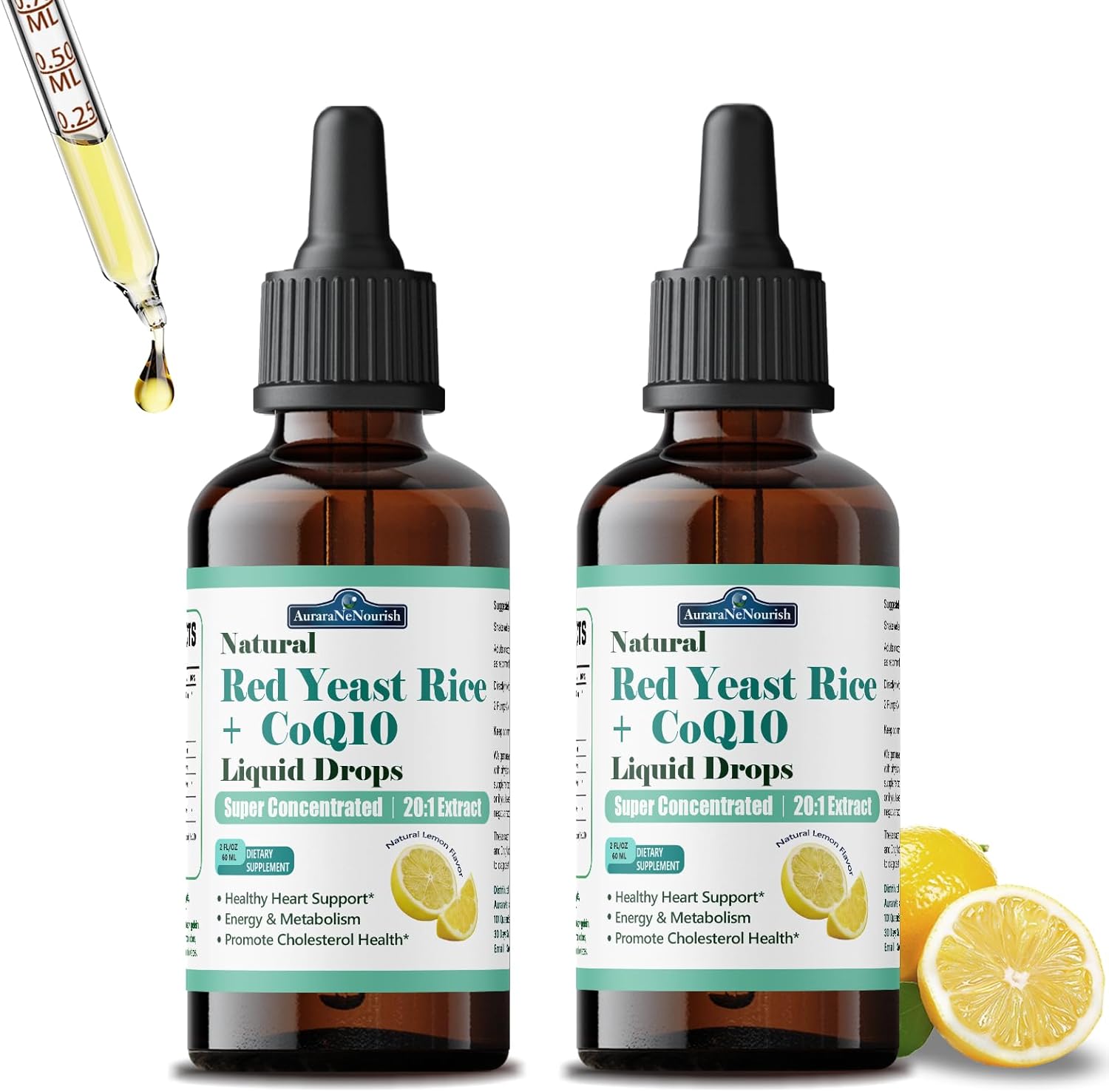 2 Packs Liposomal Red Yeast Rice with Coq10 Liquid Drops, 5-in-1 Extra Strength 1200mg Healthy Cholesterol & Heart Support with Citrus Bergamot Alpha Lipoic Acid, Citrinin-Free, 2 Month Supply