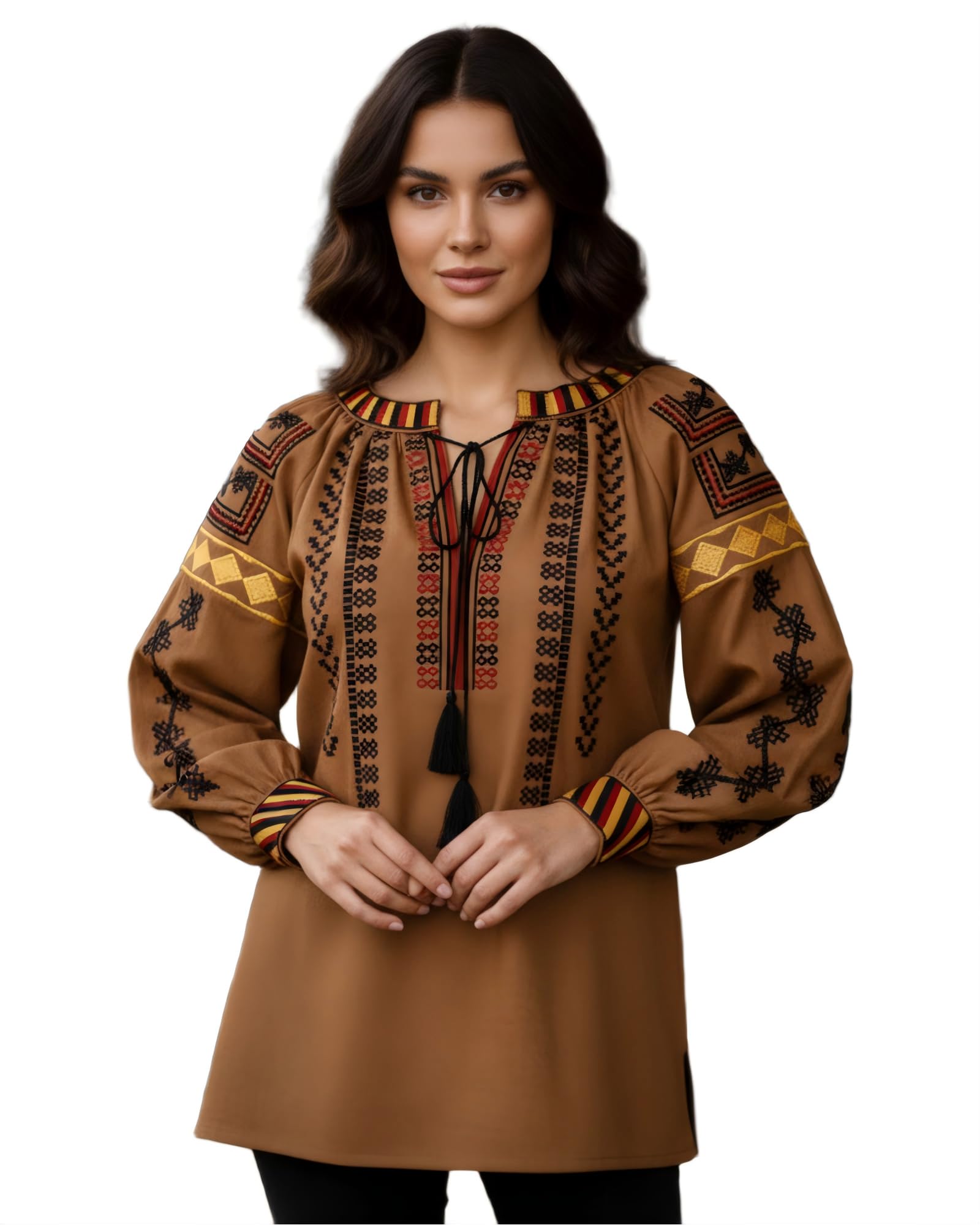 TUREAU Womens Embroidered Shirt Long Sleeve Peasant Blouse Lantern Sleeve Boho Tops V Neck Loose Lightweight Casual Tunic