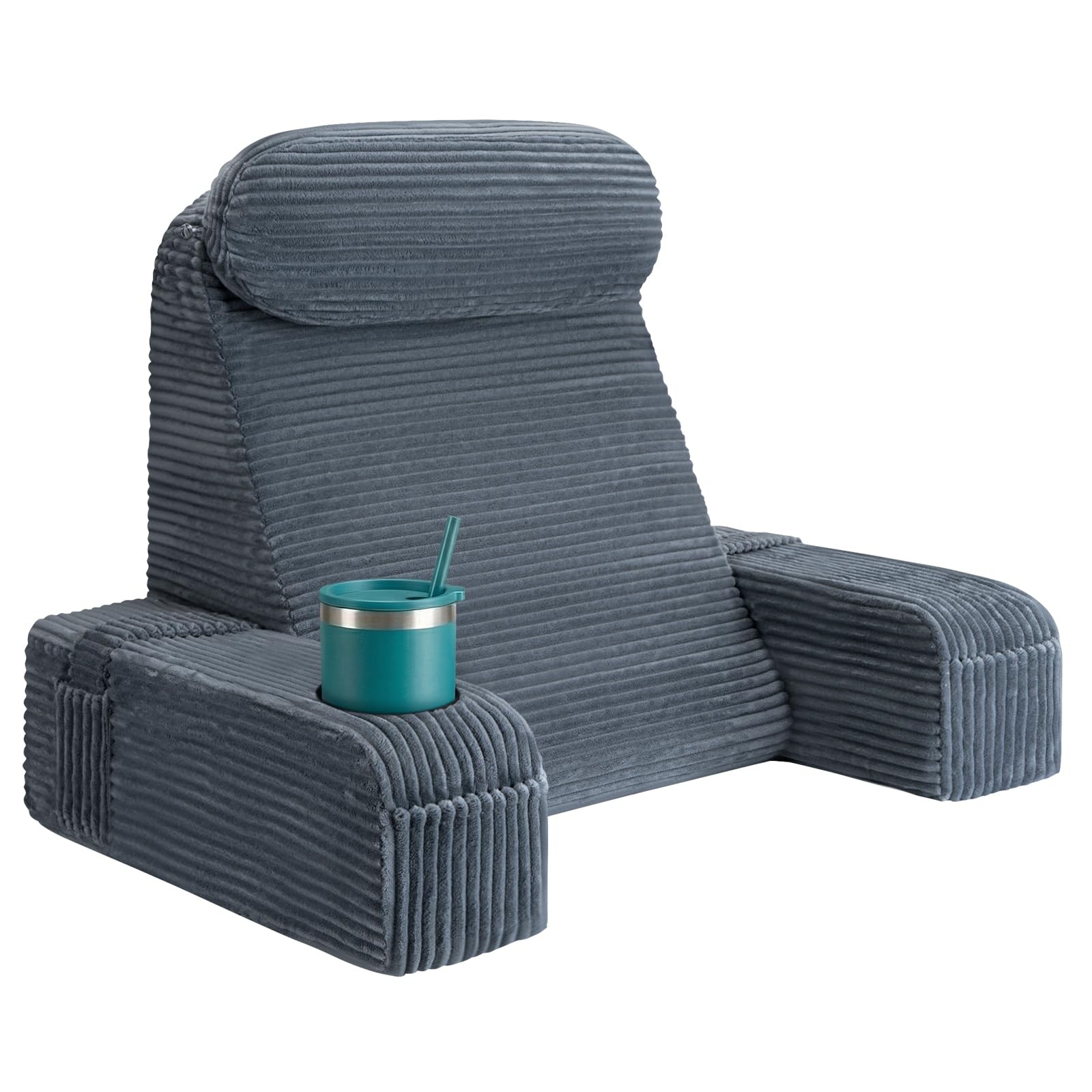 AS AWESLING Reading Pillow for Adults, Back Pillow for Bed Sitting Up, Backrest Cushion for Sitting in Bed, Detachable Arms with Built-in Cup & Phone Caddy (DARK GREY-CORDUROY, 19 INCH)