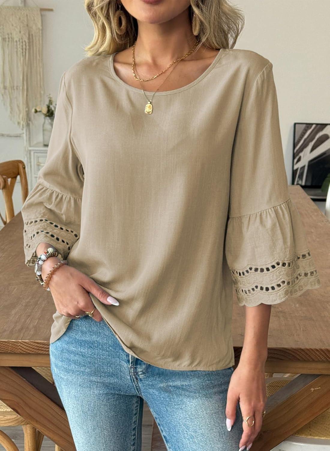 Dokotoo Womens 3/4 Bell Sleeve Hollow Out Ruffle Shirts Crewneck Trendy Casual Loose Fit Blouse Tops - Image 2