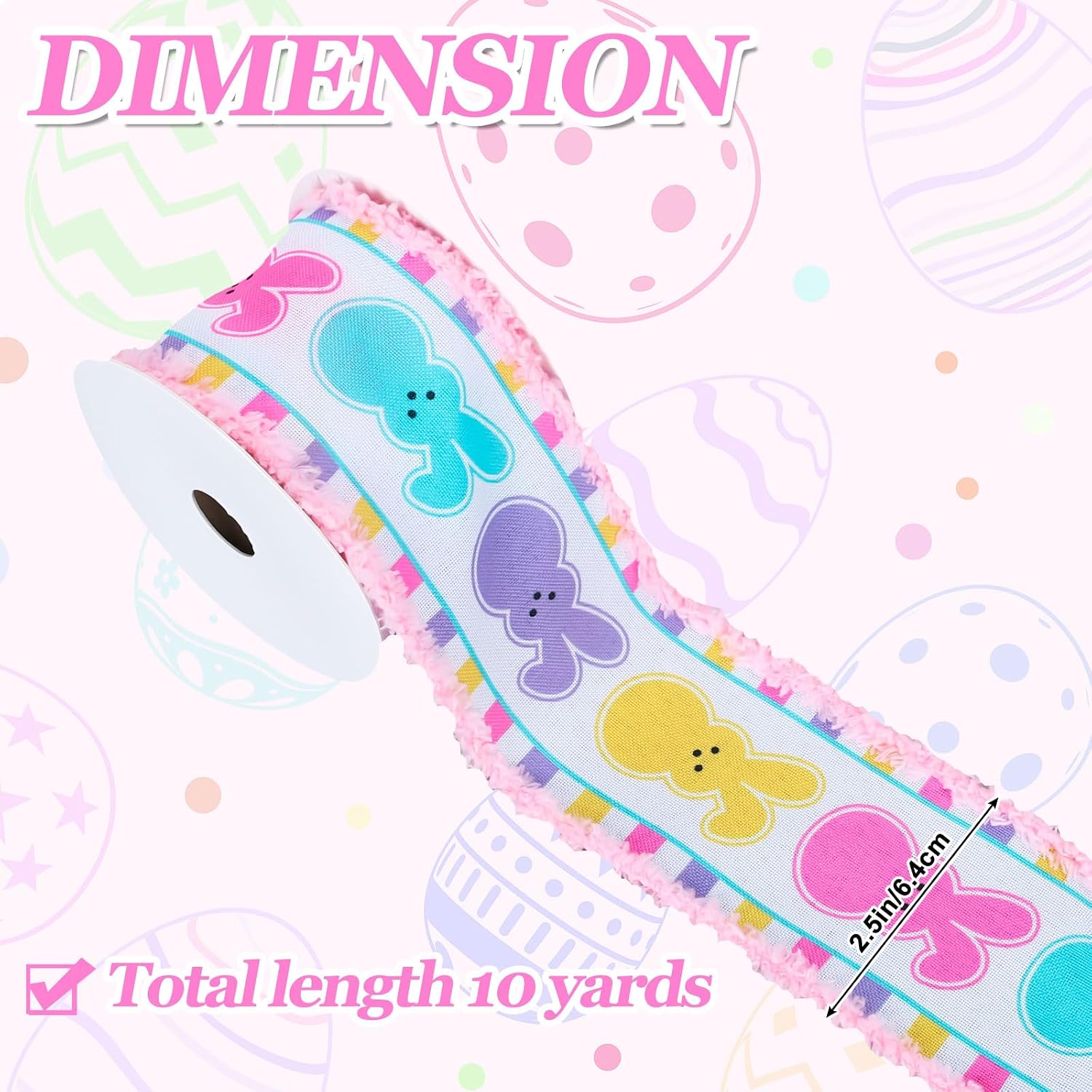 Whaline Easter Bunny Wired Edge Ribbon Colorful Rabbit Fabric Wrapping Ribbon with Pink Fluffy Edge for Spring Wreath Bow DIY Crafts Party Decor, 10 Yards, 2.5 Inch