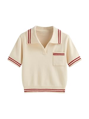 CIDER Short Sleeve Sweater Knit Top Collar Neck Stripe Pullover Casual Elegant Womens Collared Sweaters