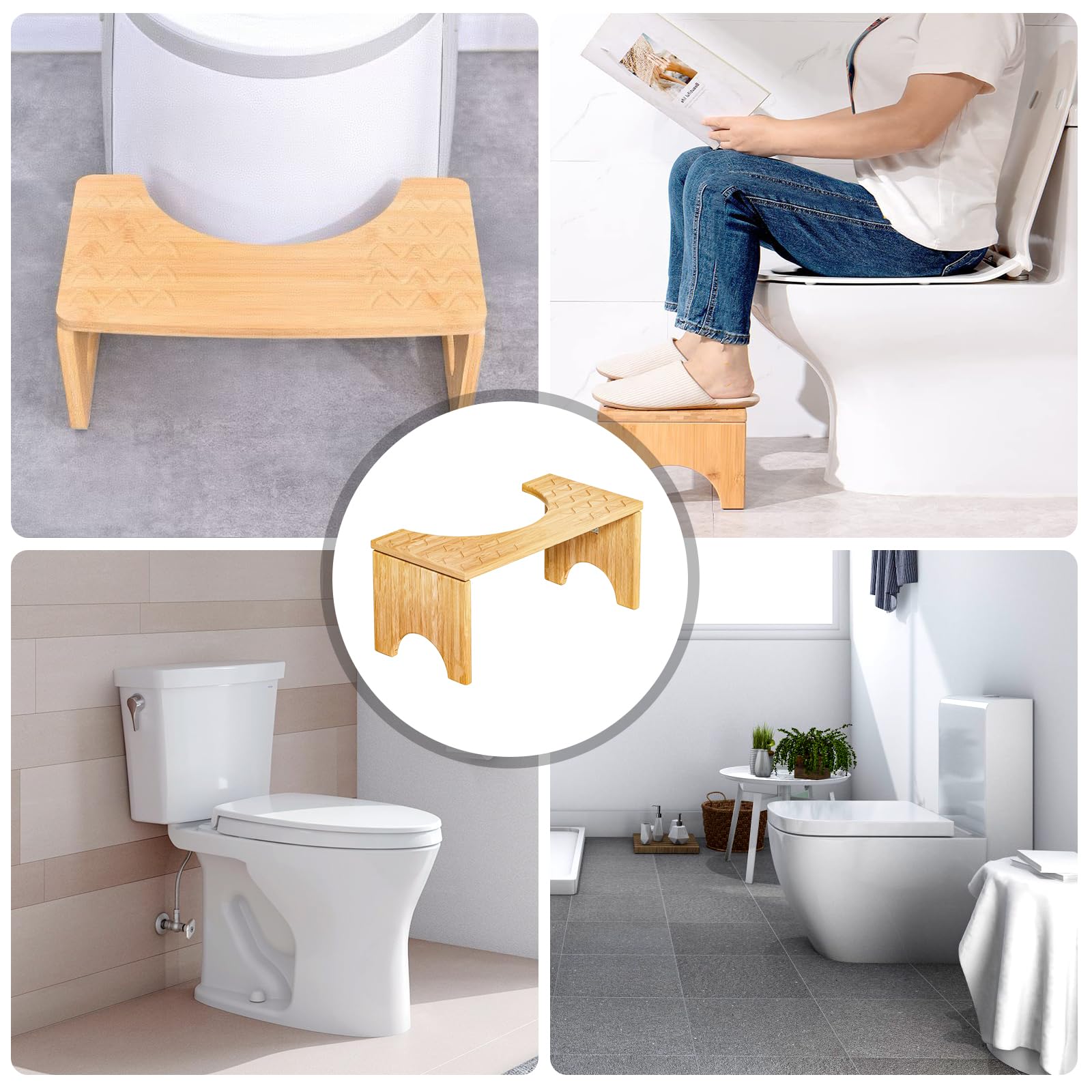 PORFOYO Sgabello WC pieghevole, sgabello WC in bambù per adulti, sgabello per WC antiscivolo, sgabello pieghevole portatile in bambù, sgabello da bagno pieghevole per stitichezza e gonfiore