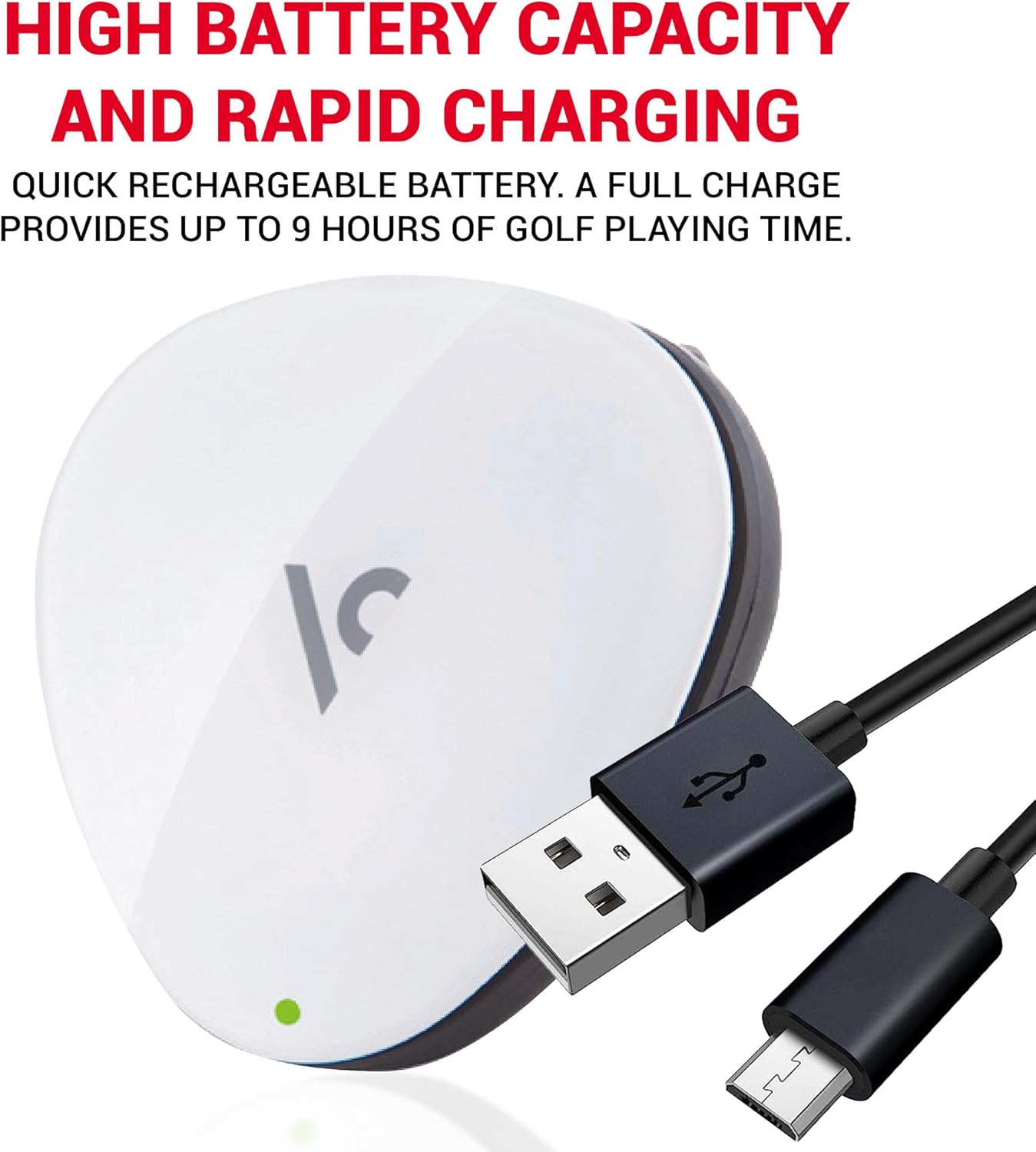 VOICE CADDIE VC300SE connected to a USB charging cable.