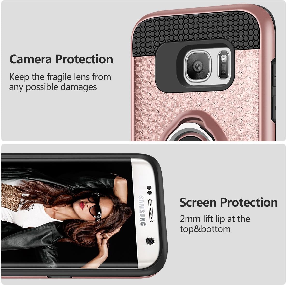 Vofolen Case for Galaxy S7 Edge Case Ring Holder Kickstand Rotational Clip Hybrid Shield Heavy Duty Armor Dual Layer Protective Hard Shell TPU Bumper Cover Case for Samsung Galaxy S7 Edge (Rose Gold)