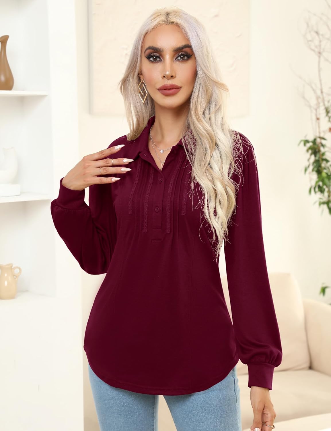 Micoson Polo Shirts for Women Long Sleeve Button Down Collared Tops Loose Casual Tunic Blouses - Image 2